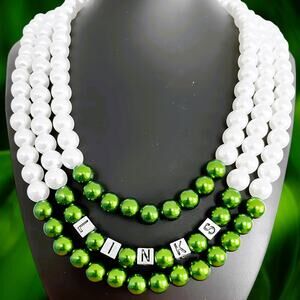 Links‎ Pearl Necklace with Green & White Pearls with Silver Blocks